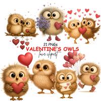 Valentine's Day Owls Clipart, Whimsical Love Nursery Graphics, Cute Love Owls PNG Bundle, Digita