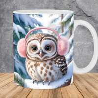 3D Winter Owl Bird Mug Wrap 11oz & 15oz Mug Template, Winter Forest Mug Sublimation Design Mug W