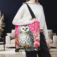 Pink Owl Tote Bag with Floral Art – Spring Owl Tote