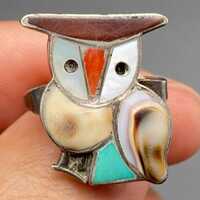Vintage Zuni Owl Bird Turquoise Coral MOP Shell Native Silver Ring Size 4.75
