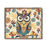 Retro Owl, Groovy 70s Mushroom Mid Mod Owl Woven Blanket - Cozy Home Decor for Nature Lovers