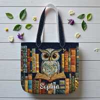 Owl Reading Books Quilt Tote Bag, Book Lover Gift Tote, Artistic Owl and Book Stack Bag, Library Tot