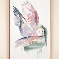 Flying Owl . Expressive Minimalist Modern Watercolor Painting . Woodland Animal Giclee Print on Pape