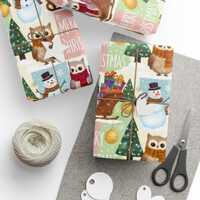 Owl Christmas Wrapping Paper, Holiday Gift Wrap, Snowman Sleigh, Festive Paper, Cute Xmas Gift Wrap,