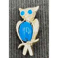 Vintage 60s Owl Brooch Pin Gold Tone Blue Stones