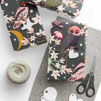 Owl Floral Pattern Wrapping Paper | Dark Grey Botanical Gift Wrap | Cherry Blossoms and Owls Gift Wr