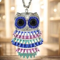 Hinged Owl Pendant Necklace, Pastel Blue Pink Green, 28" Chain