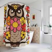 Retro Groovy 70s Owl, Mushroom Floral Bohemian Owl Shower Curtain - Colorful Floral Design for a Coz