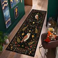 Woodland Owl Runner Rug &middot; Boho Forest Carpet with Autumn Leaves & Ferns &middot; Vintage 