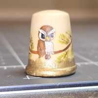 Thimble, hand-painted owl design, signed T. Hunt,