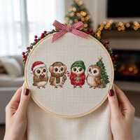 Christmas Owls Cross Stitch Pattern: Winter Owl Family with Gifts & Tree Embroidery PDF