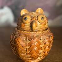 Vintage Woven Owl Basket with Lid – Handmade Rattan Owl Container – Boho Rustic Decor