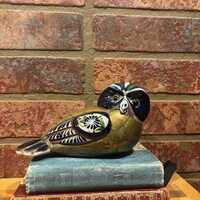 Vintage Tonala Mexico Pottery Armored Brass Owl Figurine - FREE SHIPPING