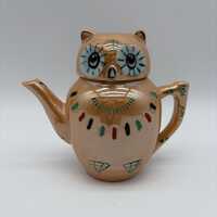 Vintage ceramic peach lusterware owl teapot made in China for Pier 1, ca 80's-90's, 5"
