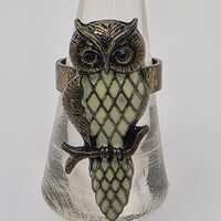 Vintage Long Owl Ring: Long Bronze Creamy Beige Enamel US Size 7 1/2