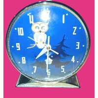 Vintage Blue Owl Design Alarm Clock With Chrome Base & Green Back Mid-Century Style