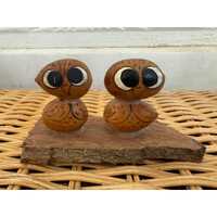 Vintage 70s Folk art Big Eyed Owls From Drift Wood Pecan Nuts