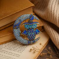 Blue Crystal Owl Moon Brooch Vintage Crescent Owl Pin Rhinestone Bird Brooch Enamel Owl Jewellery Ce