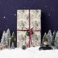 Vintage Christmas Wrapping Paper | Owl & Acorns | Black Nature Wrap