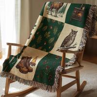 Rustic Cabin Woven Blanket – Deer, Owl Patchwork Throw