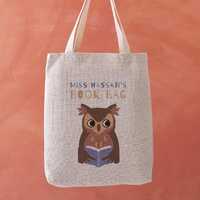 Personalised Owl Book Bag, Teacher Gift Tote, Custom Name Library Bag for School