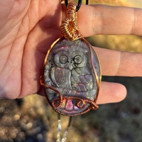Spectrolite Owl Necklace, wire wrapped crystal owl pendant
