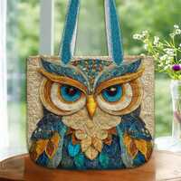 Blue Gold Owl Tote Bag, Artistic Owl Quilt Handbag, Textured Owl Purse, Custom Personalized Owl Gift