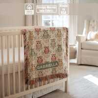 Personalized owl baby blanket, custom name woven blanket, cute pastel woodland toddler blanket gift