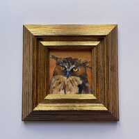 Framed Great Horned Owl painting original hand painted oil paint artwork in ornate vintage gold squa