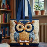 Personalized Owl Quilted Tote Bag, Colorful Owl Quilt Purse, Owl Lover Gift, Nature Animal Quilt Han