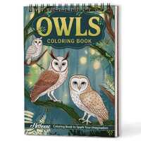 Owls Coloring Book A5 – Handmade Wooden Cover, Forest Scenes