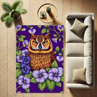 Art Deco Owl Rug, Purple Floral Area Rug, Vintage Art Deco Home Decor, Owl Lover Gift Rug, Boho Kitc