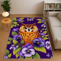 Art Deco Owl Rug, Purple Floral Area Rug, Vintage Art Deco Home Decor, Owl Lover Gift Rug, Boho Kitc
