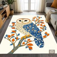 Barn Owl Area Rug: Folk Art Welcome Mat, Blue & Orange Decor