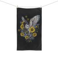 Owl Sunflower Black Hand Towel, Owl Flower Illustration