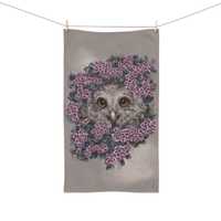 Grey Owl Face Hand Towel, Purple Flowers Home Decor
