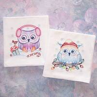 Whimsical Christmas Owls Flour Sack Embroidered Towels Set of 2