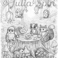 Grayscale Coloring Page. Owl, Raccoon, Fox, Squirrel, Hedgehog at the Forest Tea Party. Magical Wood
