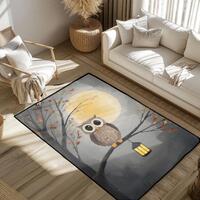 Autumn Owl Perched On Branch Rug, Full Moon Illustration Area Rug, Spooky Nature Design Floor Mat, H