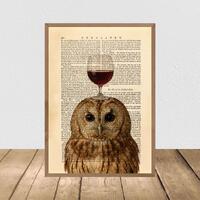 Owl With Wine Glass Dictionary Art Print, Vintage Kitchen Poster