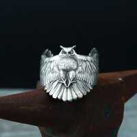 Silver Owl Ring, Handmade 925 Sterling Silver Bird Ring, Men&rsquo;s Nature Jewelry, Detailed Owl Si
