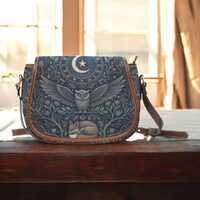 Majestic Owl Fox Saddle Bag, Fantasy Animal Art Crossbody, Faux Leather Vintage Style Handbag, Moon 