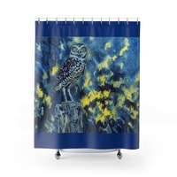 Starry Night Owl Shower Curtain | Blue Moonlit Owl Bathroom Decor