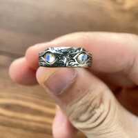 Mystic Owl Ring: Moonstone Eyes, Oxidized Sterling Silver