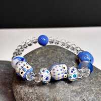 Ceramic Owl Bead Bracelet – Light Blue, Glass Beads, Boho Jewelry