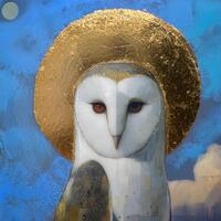 Barn Owl Saint Encaustic Painting: 23k Gold Leaf Bird Art, 3x5 Miniature