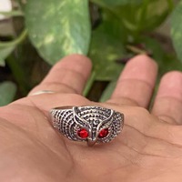 Oxidized Silver Owl Ring, Red CZ Eyes, Adjustable Boho Ring