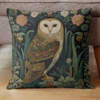 Victorian Floral Barn Owl Pillow, Vintage Botanical Owl Decorative Cushion