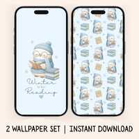 Winter Reading Owl Phone Wallpaper Duo | Cozy Book Lover Set (Digital Download)