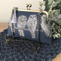 Clutch Purse/Bag , Unique Tawny Frogmouth Owls on Dusty Blue Cotton Fabric , Brass And Leather Strap